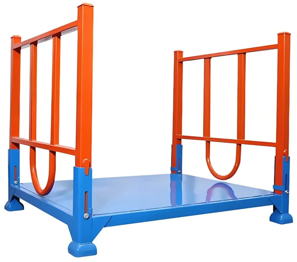 Knockdown stacking racks nested for compact empty-return storage and shipping