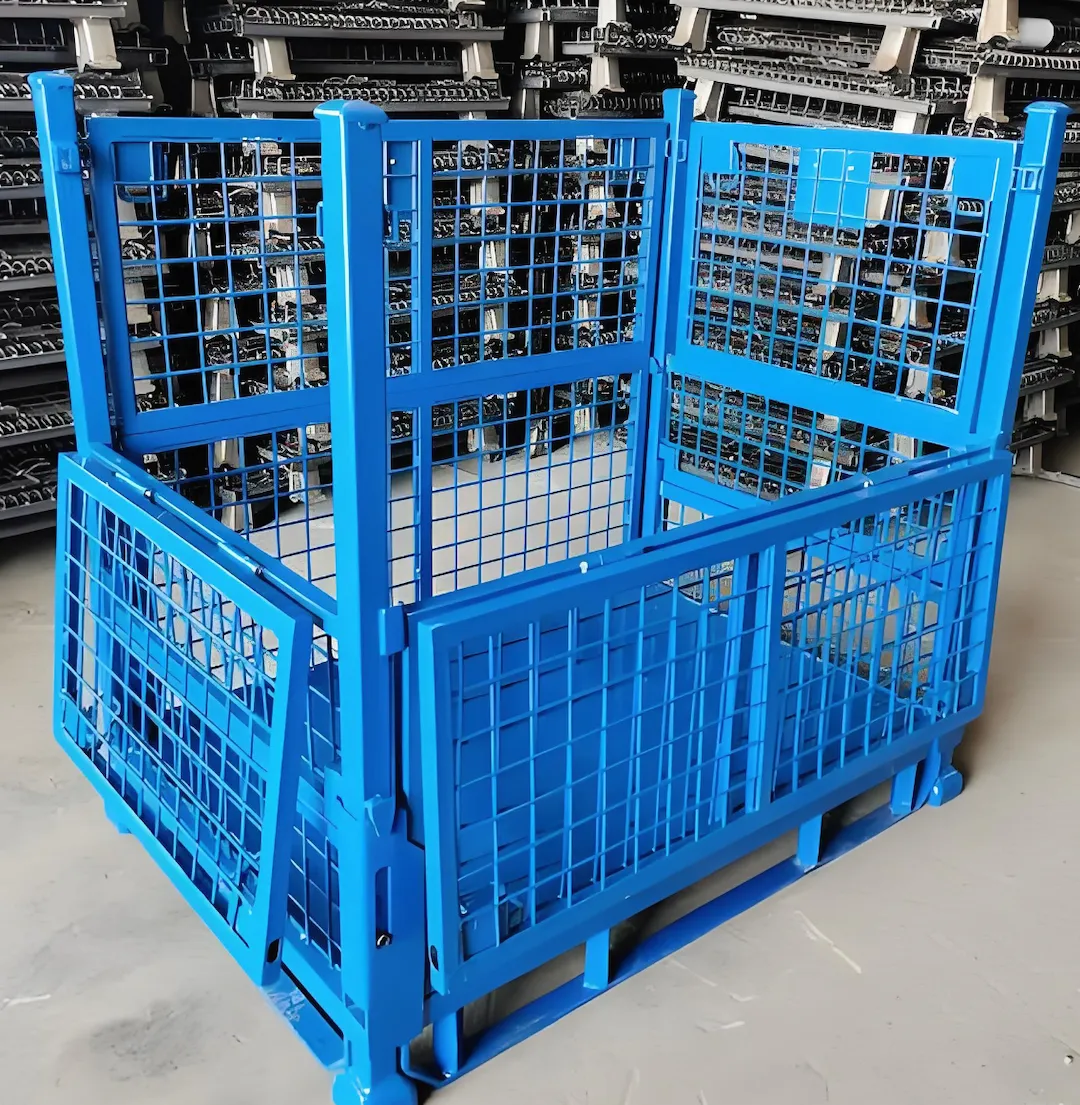 Mesh stillage cage with half-drop front gate for warehouse picking access
