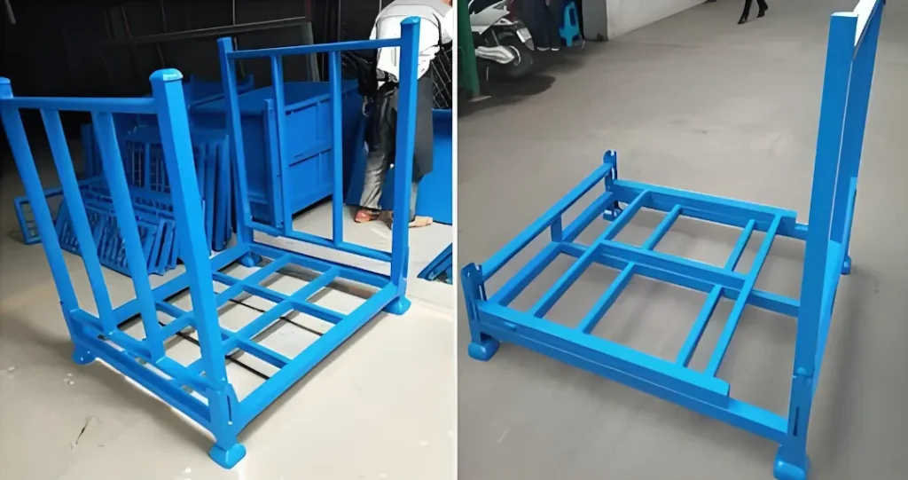 Powder-coated stack rack with stacking feet cups