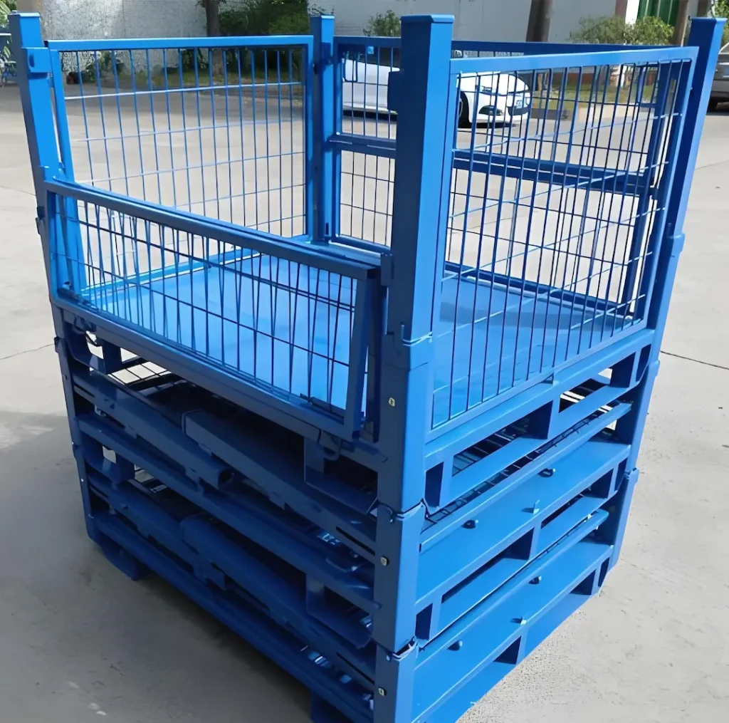 Powder coating mesh stillage cages stacked outdoors for yard staging