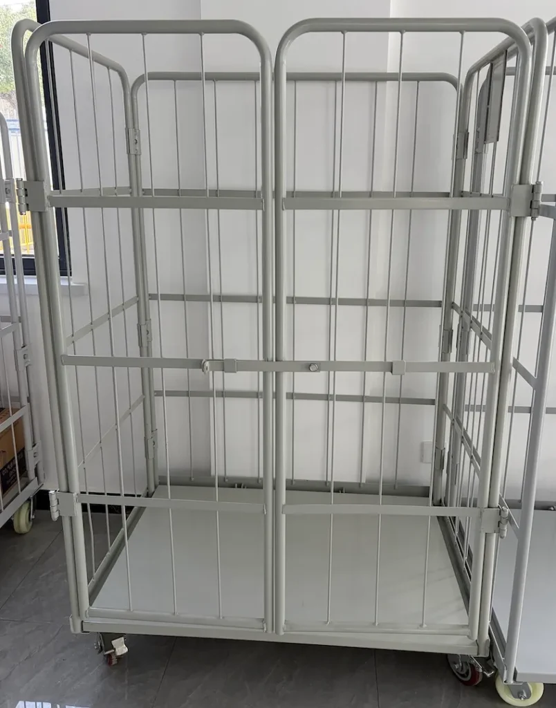 Robotic welded steel base frame for heavy duty laundry cart with reinforced caster plates