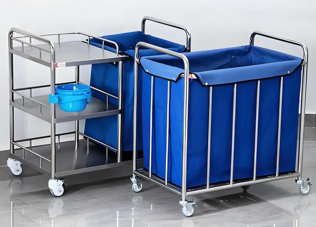 Stainless steel laundry cart for washdown environment and corrosion resistance